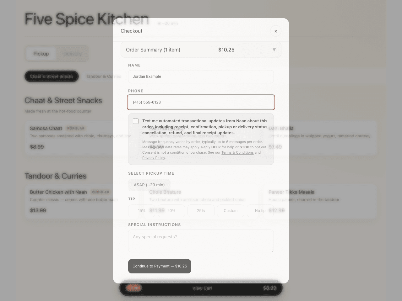 Naan restaurant checkout with synthetic contact information, an unchecked transactional SMS consent checkbox, an enabled Continue to Payment button, message frequency, rates, HELP and STOP instructions, and legal links